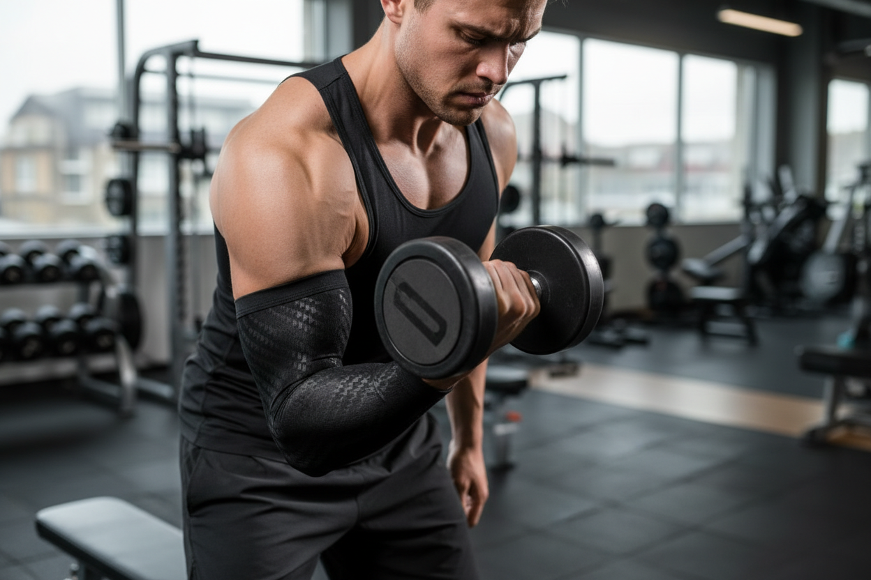 Arm sleeve being used by a man doing arm curls with a dumbell